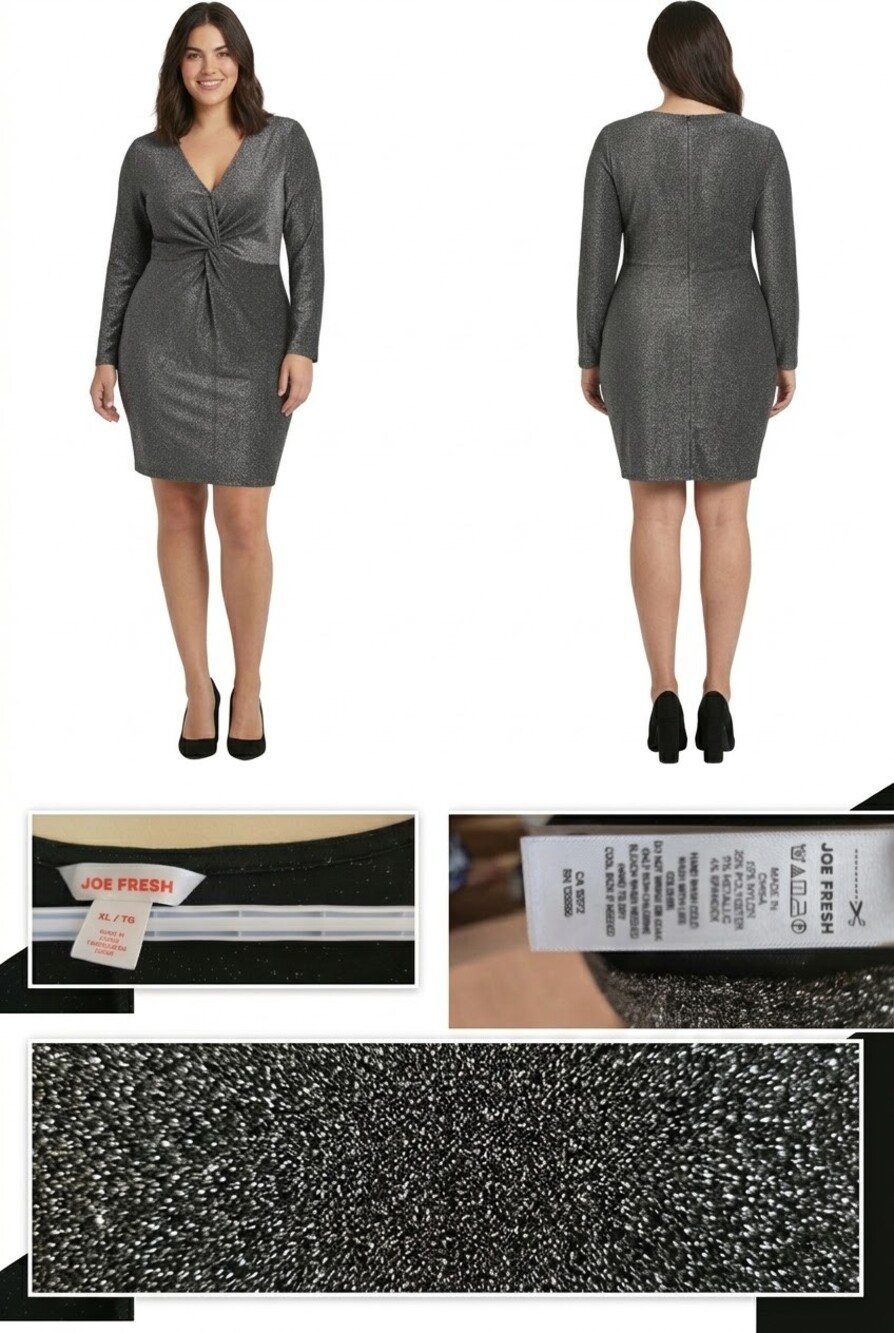 JOE FRESH Metallic Silver & Black Glitter Twist-Front Mini Dress - Size XL